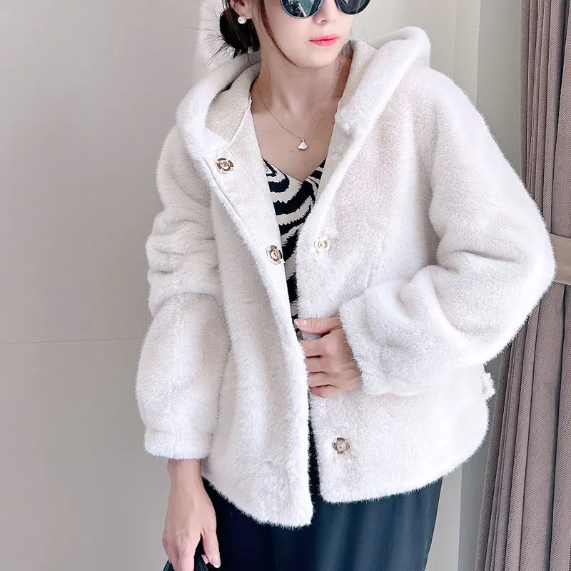 2024 Winter New Faux Mink Long Sleeve Women Fur Coat Hooded Zipper Classic Generous Golden Ratio Warm Practical Fur Jacket