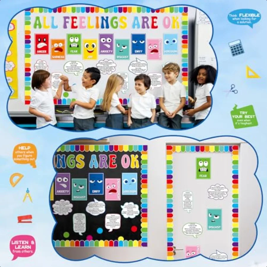 مجموعة ديكورات لوحة الإعلانات للصحة العقلية، جميع المشاعر، ديكور الفصل الدراسي، العودة إلى المدرسة، ديكور الحائط، إلهام العاطفة