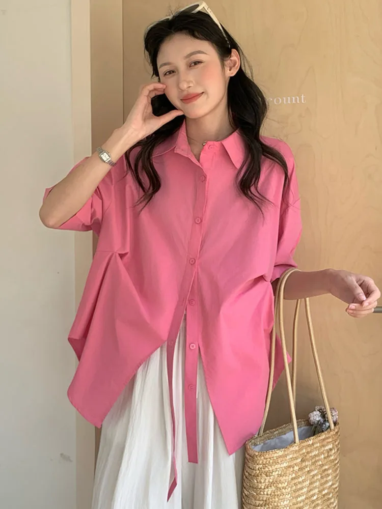 เสื้อผู้หญิง Blusas Mujer De Moda 2025 เกาหลี Chic แฟชั่นเปิดลงปกสํานักงาน OL เสื้อแขนสั้นเสื้อหลวมๆสบายๆ