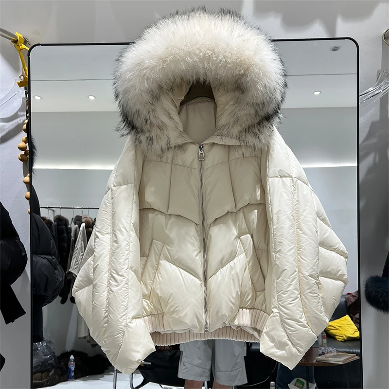 High-Quality Winter New Style Fox Fur Collar Thick Warm Women's Short down Jacket White Duck Feather Loose Fit Hooded Coat