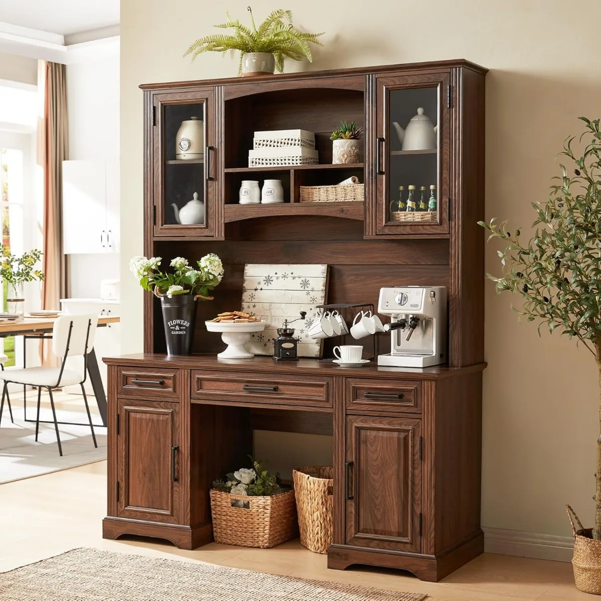 Farmhouse 76" Height Computer Desk with Hutch, Office Desk with Charging Station, Drawers and Storage Cabinet