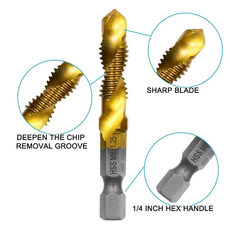 6pc High Speed Steel M3-M10 Titanium Plated Composite Tap Hexagonal Drill and Tap Integrated Tap Machine with Hole Chamfer Tool