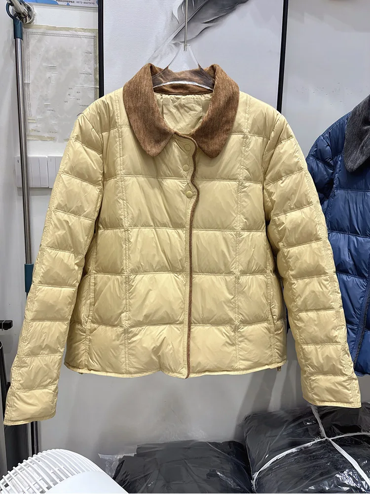 2025 Winter New Light and Thin Down Jacket Women Lapel Collar Color Blocked Western Style White Duck Down Trendy Coat