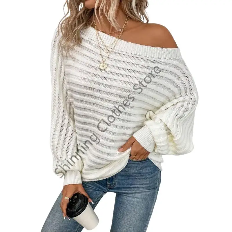 

M68A Womens Fall Sweaters Off The Shoulder Sleeve Textured Knit Tops Oversized Shoulder Sweater