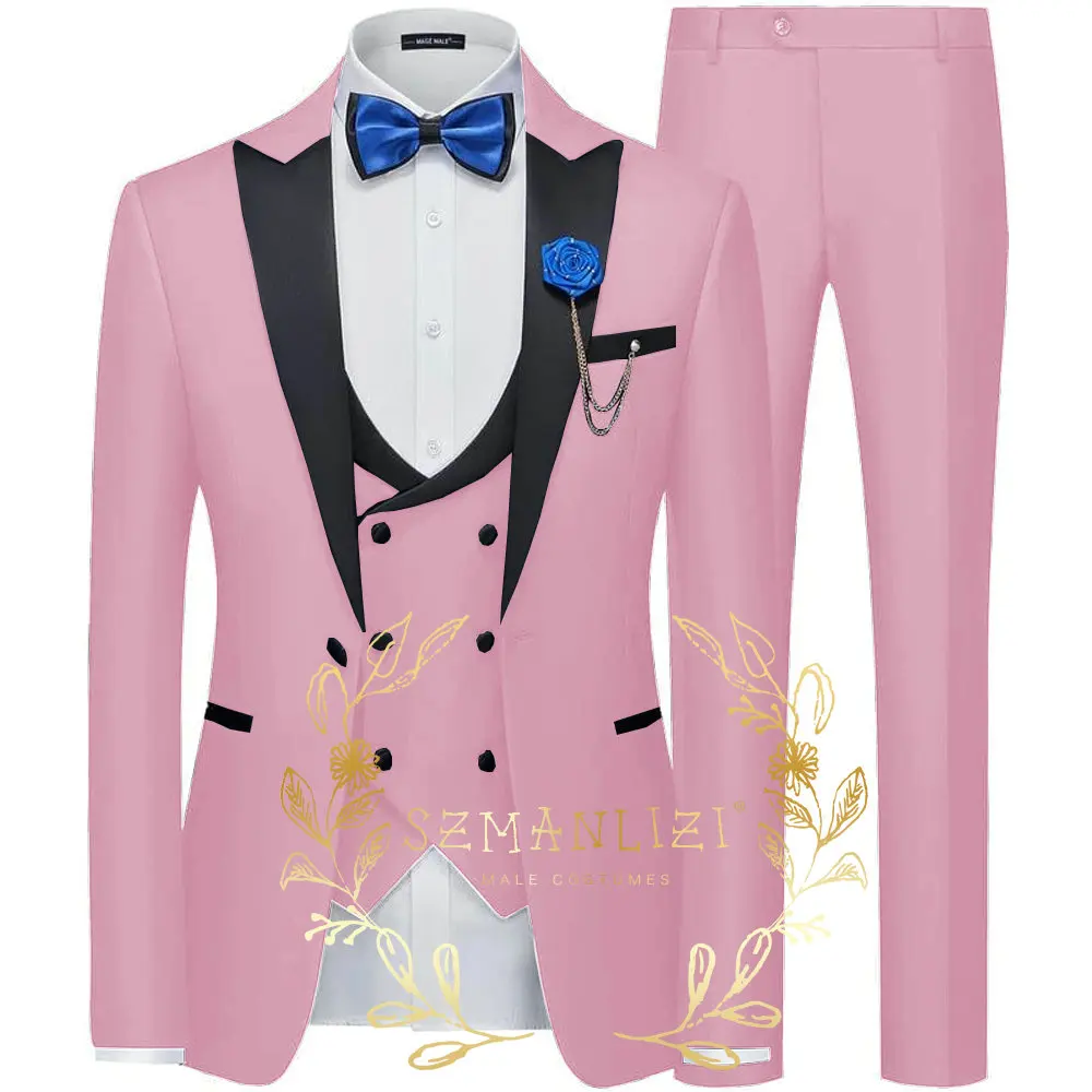 

Handsome Men Suits Costume 3 Pieces Pink Blazer Sets Peaked Lapel Groomsmen Formal Party Suit Groom Tuxedos For Wedding Best Man