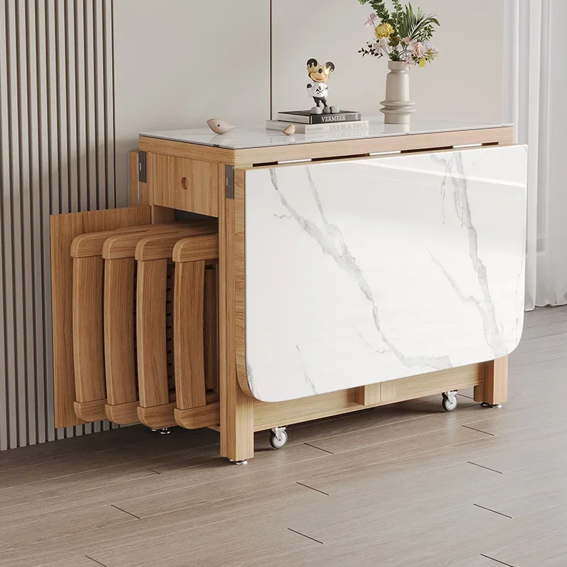 

1Slate Folding Dining Table Small Apartment Household Retractable Dining Table Against The Wall Dining Side Cabinet Integrated.
