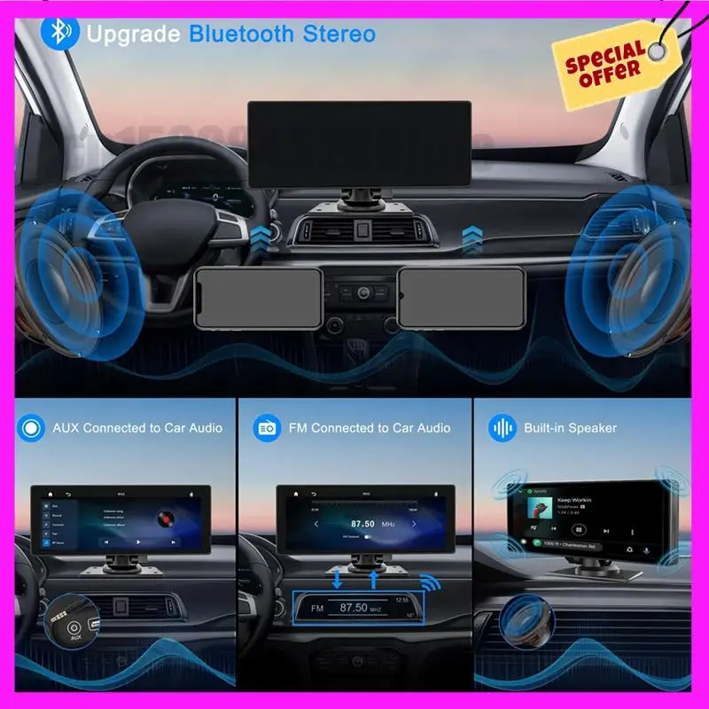 -ABUB 2X Portable Wireless Carplay Car Stereo With Dash Cam - 10.26In HD IPS Screen, Android Auto, 1080P Backup Camera