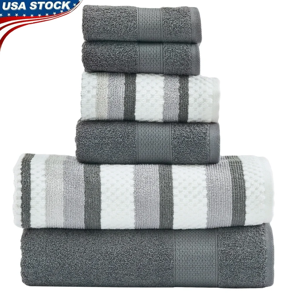 

6-Piece Cotton Bath Towel Set Soft Quick Dry Jacquard Hand Towels Washcloths Ideal Home Spa Guest Gifts