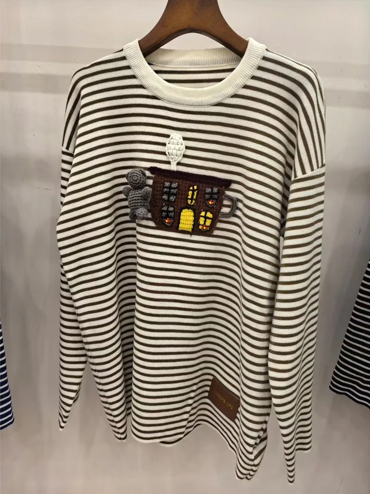 

High-End Cartoon 3D Hook Knitted Top for Women Long Sve round Ne Loose Fit Faion Winter Spor Stripes Sle Casual Wear