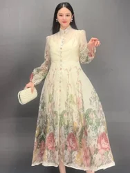 Vefadisa 2024 Autumn New White Printed Women Dress Stand Collar Long Sleeve Waist Swing Dress Temperament Elegant Dress ZXY1103A