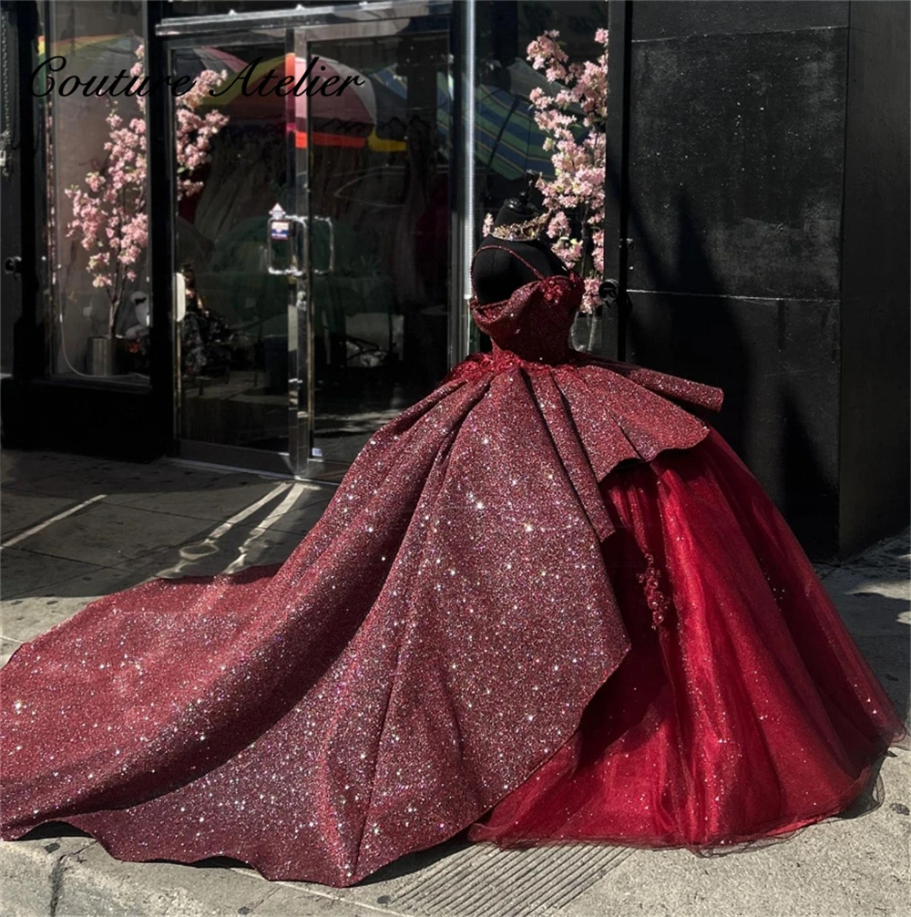 

Sparkly Burgundy Ruffels Spaghetti Quinceanera Dresses Sweet 16 Dresses Ball Gown Flowers Tulle Birthday Gowns vestidos de 15