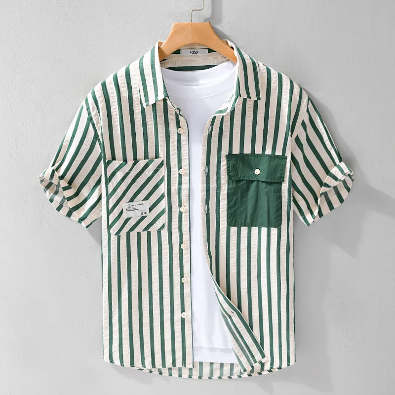 

New Casual Youth Stripe Shirts For Mens Summer Short Sleeve Shirt Fashion Thin Loose Two Tone Pocket 2024 Korean Popular Clothes