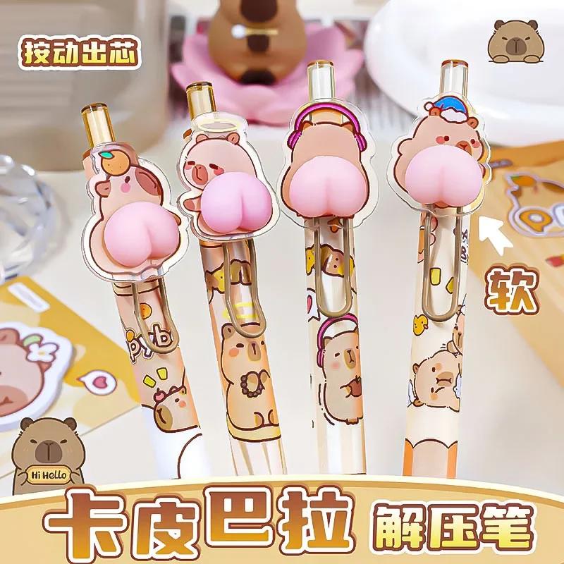 4Pcs Wholesale Creative Stress Relief Butt Press Neutral Pen Kapibara Cute Cartoon Panda Stationery Student Pen