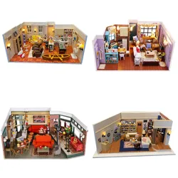 DIY Wooden Miniature Model Kit Friends Casa 3D Puzzle Monica‘s Room Villa Dollhouse With Furniture Lights Home Decor Gifts
