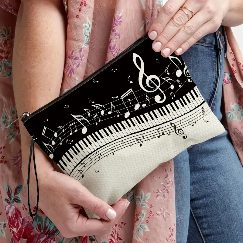 Music Piano Note Print Cosmetic Bag Portable Zipper Storage Pouch Breathable Makeup Coin Stationery Wash Bag Makeup Pouch