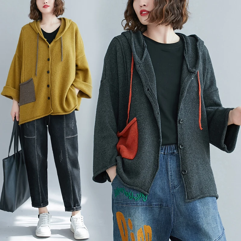 Loose Fit Knitted Hoodie Cardigan with Pockets Color Block Design Autumn Winter Women's Casual Style Thermal Fiber Thickened