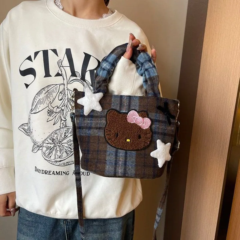 Urocza torebka damska na ramię z motywem Hello Kitty, codzienna, retro, wełniana torba crossbody, damska portmonetka, torba na zakupy.