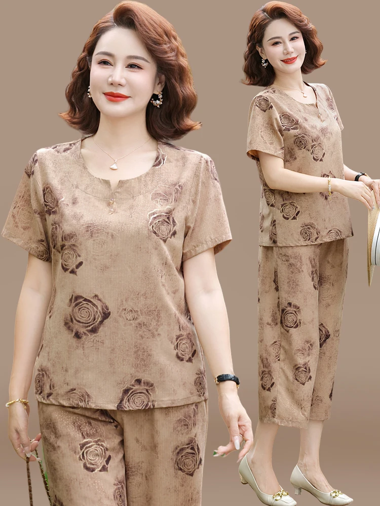 

Повседневный комплект из хлопка и льна из двух предметов: футболка с коротким рукавом и топ для женщин 40-50 лет, летняя модная одежда для мам, свободный крой