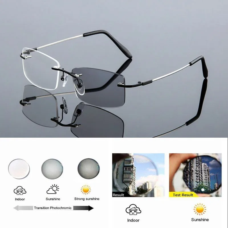 Grenzenlose photochrome Lesebrille für Männer und Frauen, Memory-Titanlegierung, Presbyopie-Brille, Outdoor, drehen Sie grau unter Sonnenlicht – Detail 7