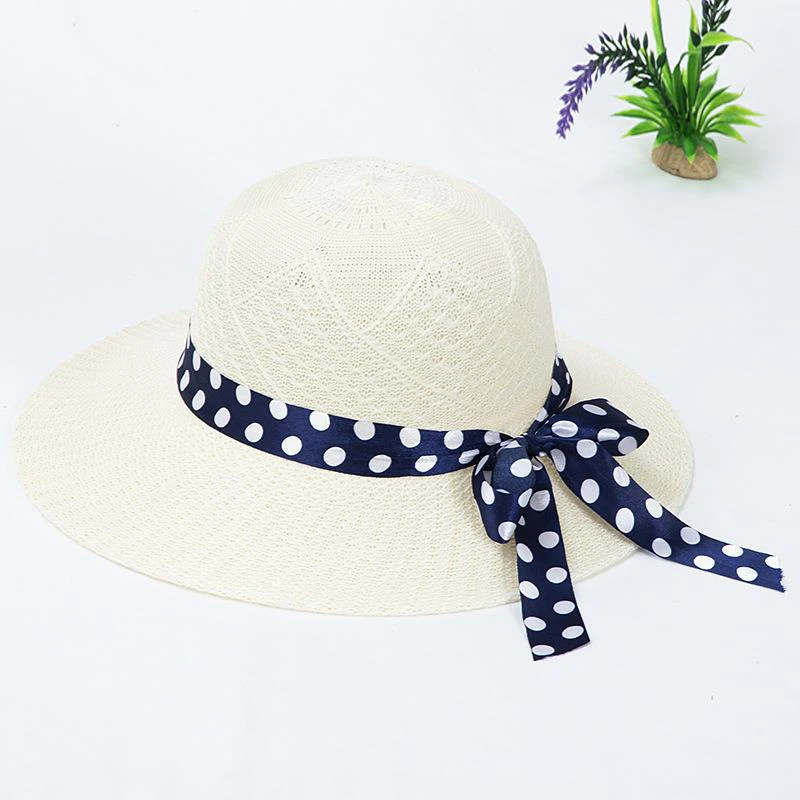 Sun Hats Wide Brim Bow Knot Straw Solid Color Women Hats Ladies Caps Sun Protection Ribbon Girls Outdoor Summer Sunshade Hat