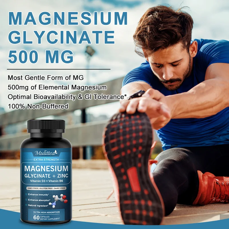 Mulittea 500mg Glycine Magnesium with Zinc,Vitamin D3 B6 Health for Bones and Teeth Health Helps Natural Sleep