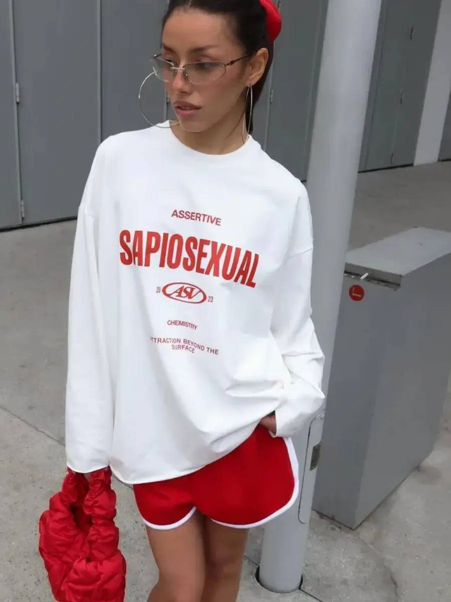 Vintage assertivo carta emblema impresso 100% algodão manga longa camisetas moletom fino outono retro topos temperamento feminino menina