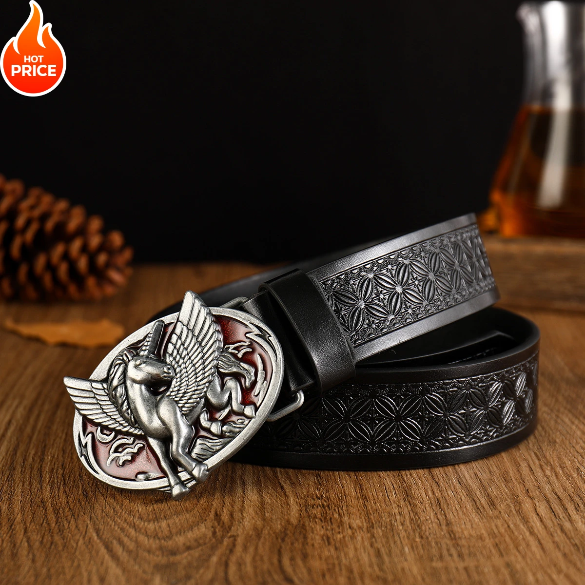 

2024 New Fashion Premium Western Cowboy PU Leather Belt - Mens Waist Strap Bull Decoration Floral Engraved for Jeans