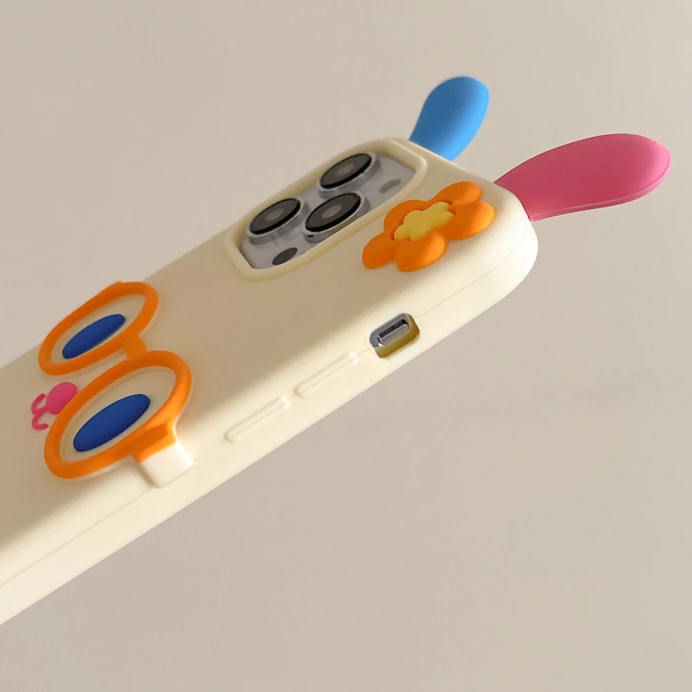 Мягкий силиконовый чехол для телефона с 3D милым мультяшным красочным кроликом, противоударная задняя крышка, совместимая с iPhone 12/13/14/15/16 pro Max