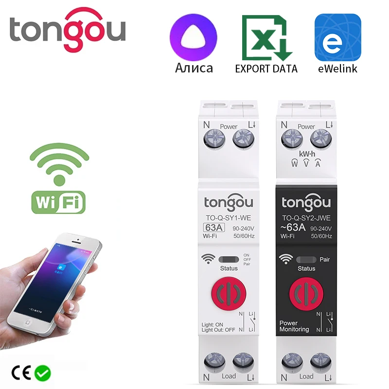 Ewelink TONGOU 1P+N 63A 110V 220V WIFI Smart Switch Energy Meter kWh Metering Circuit Breaker Timer Relay Smart Home Protection