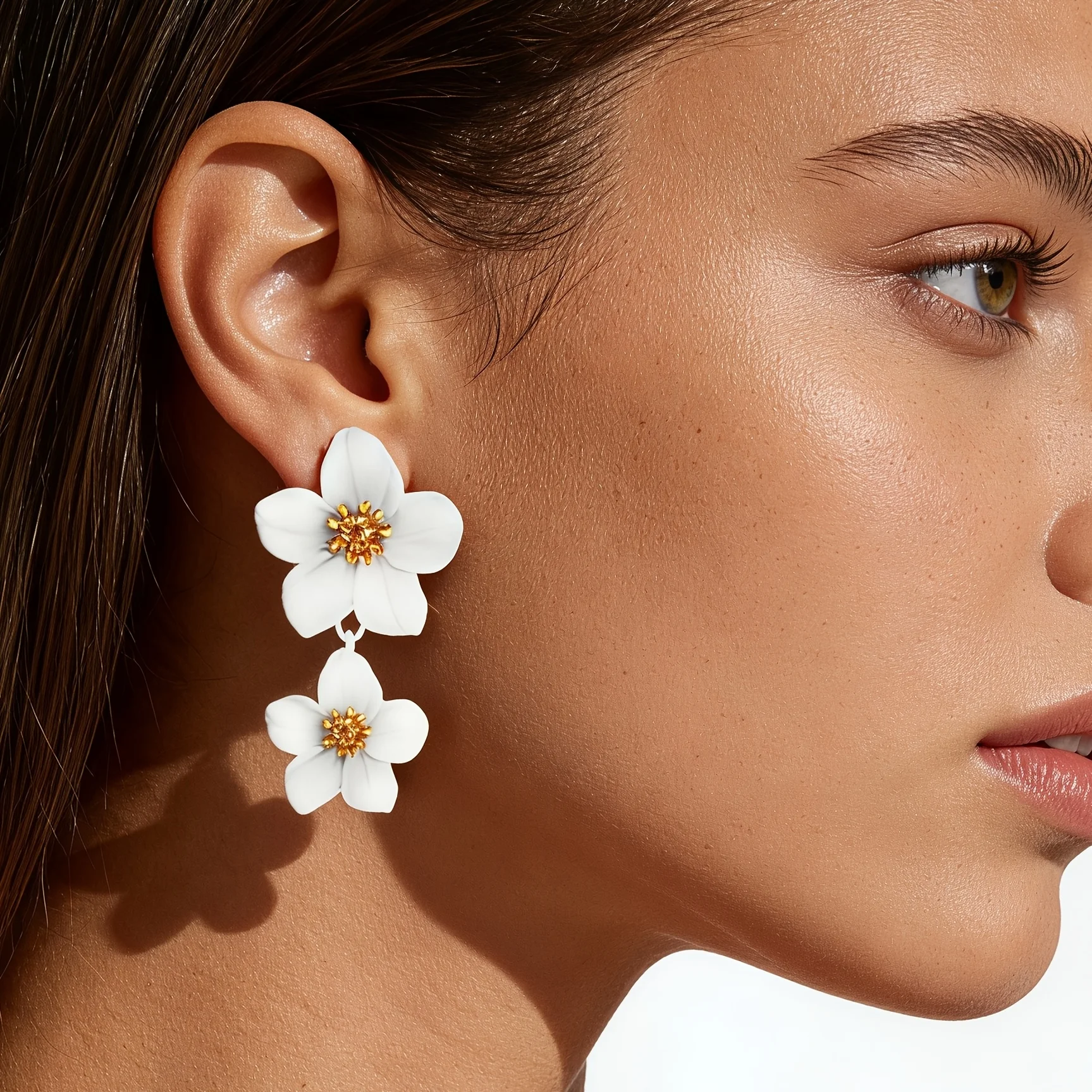Pair of White Double Flower Long Earrings for Women Fresh Forest System Elegant Unique Design Holiday High-End Slimming Face Eff