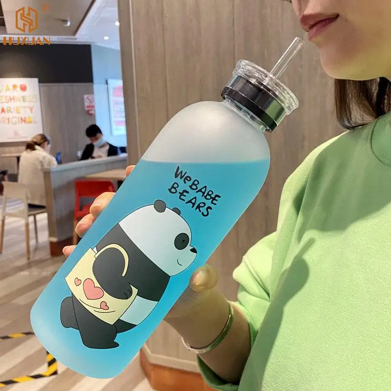 1000ml Cutest Water Bottle Panda Bear Frosted Glasses with Lid and Straw Cartoon Bottle Leak-Proof Drinks Protein Shaker