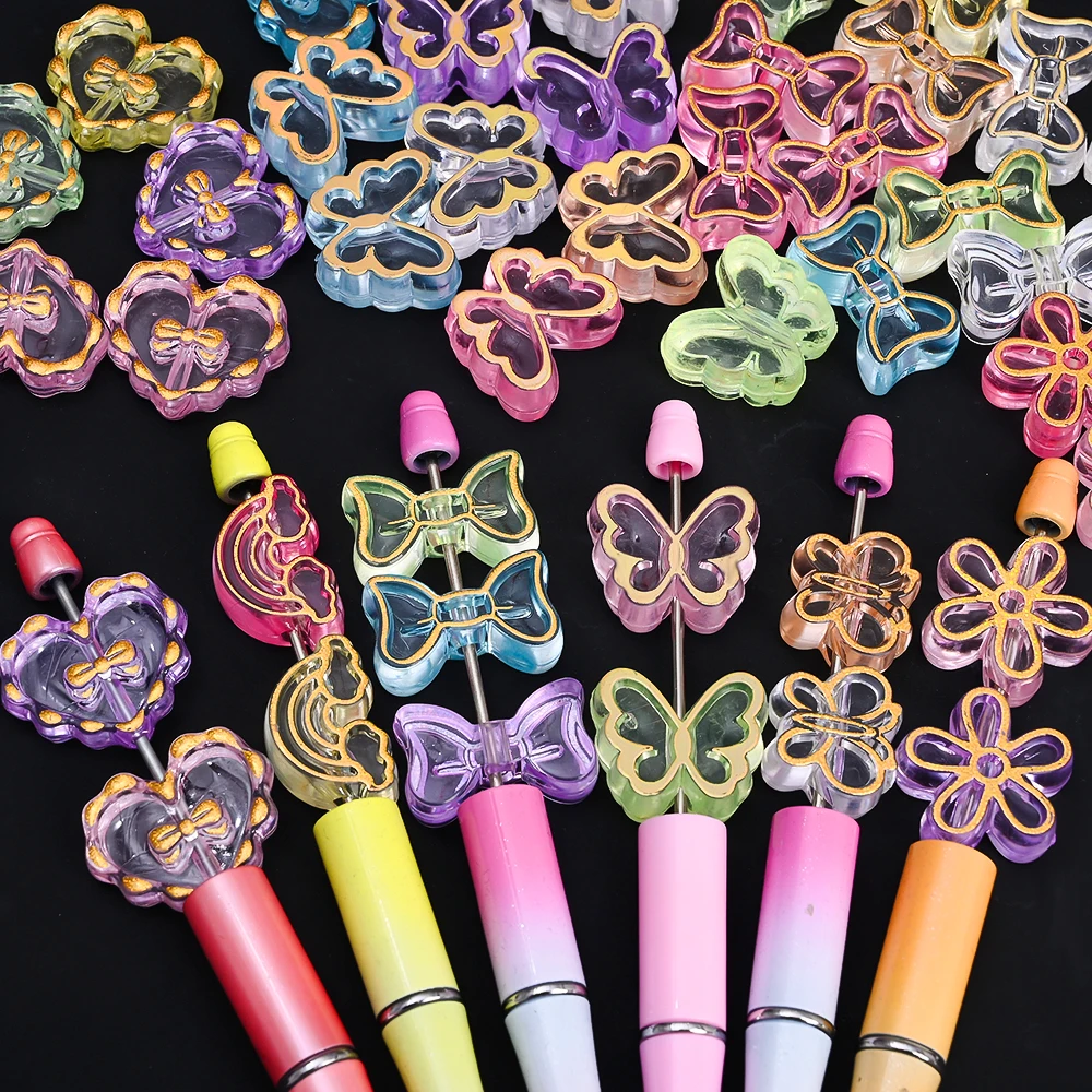 20 Stück goldfarben verzierte transparente Acrylperlen in Schmetterlings-, Herz- und Blumenform als Abstandshalterperlen für die Schmuckherstellung, DIY-Armbänder und Halsketten – Detail 7