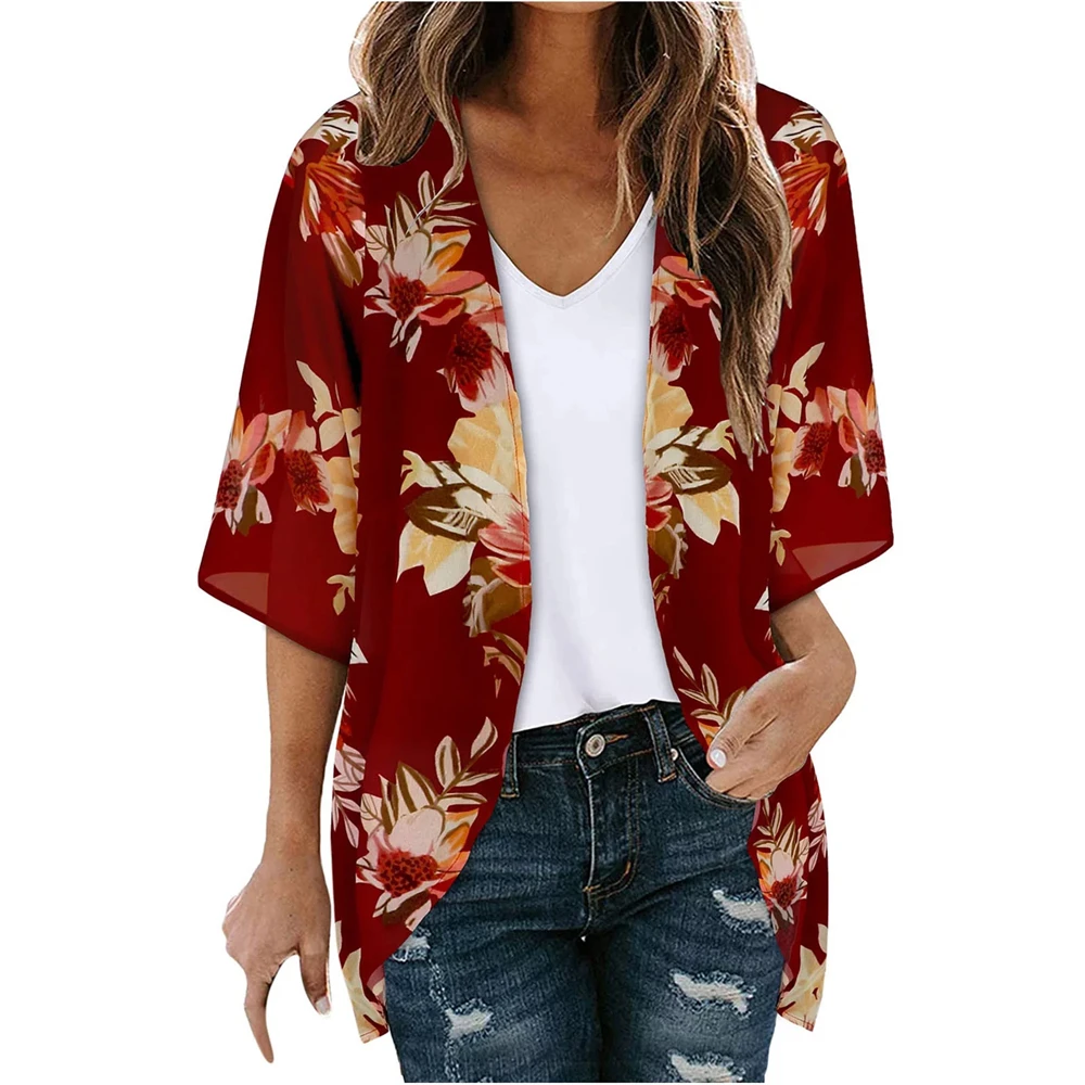 New Fashion Chiffon Cardigans For Women Dressy Chiffon Floral Kimonos Sun Cover Up Top Boho Casual Shawl Beach Women\'S Swimwear