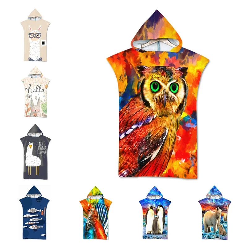 

Пляжное полотенце с капюшоном для взрослых, пончо из микрофибры с принтом совы, собаки, леопарда, быстросохнущее банное полотенце с накидкой, банный Халат