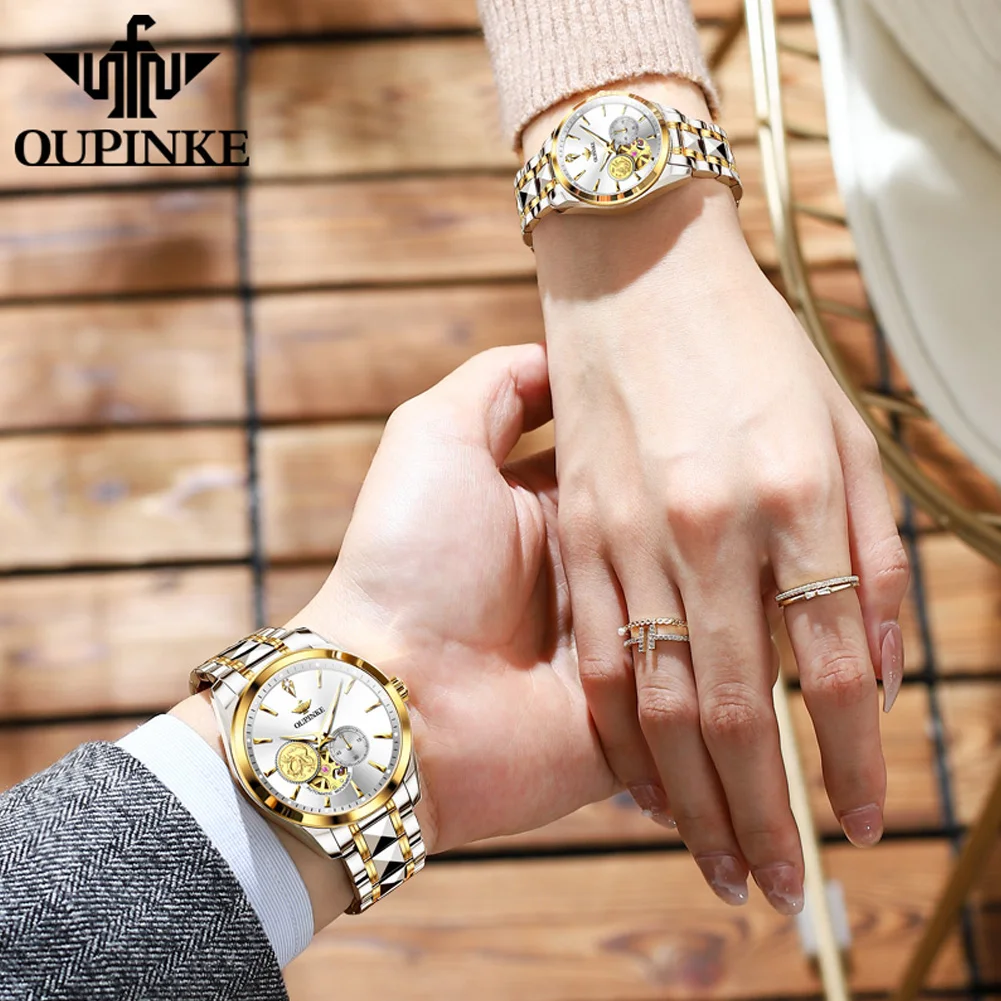 OUPINKE 3260 Real Diamond Mechanical Couple Watch For Men Women Luxury Original Dress Hand Clock Hollow Deep Waterproof Watches