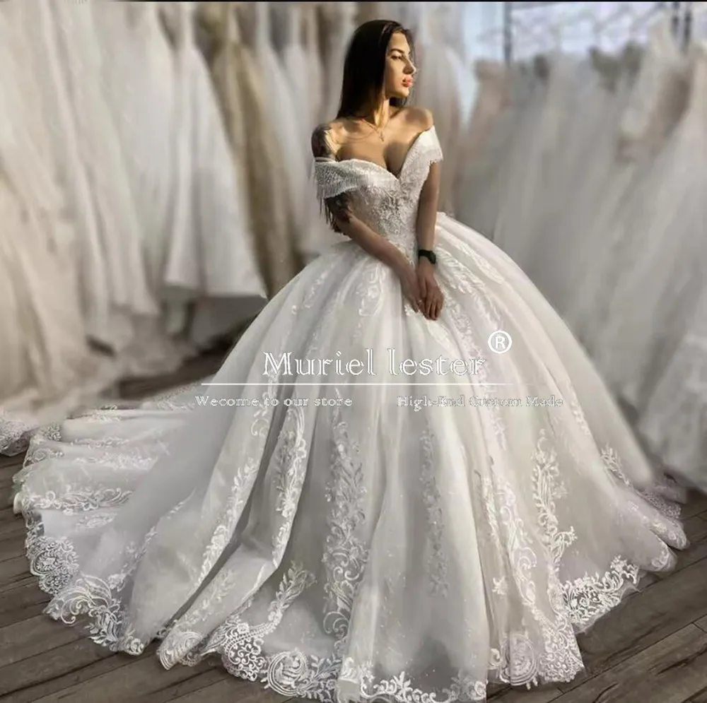 Romântico princesa vestido de baile vestidos de casamento com decote em v rendas apliques vestidos de noiva fora do ombro frisado noiva roupas de casamento 2025