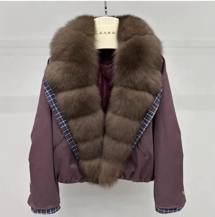 

2025 Winter Women's Coats Natural Real Fox Fur Collar Outwear Luxury Female Jacket Thick Warm Short Parkas High Street Overcoat