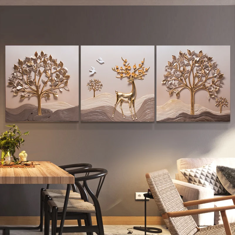 Hot sales 3d deer painting golden tree handmade wooden art wall decor