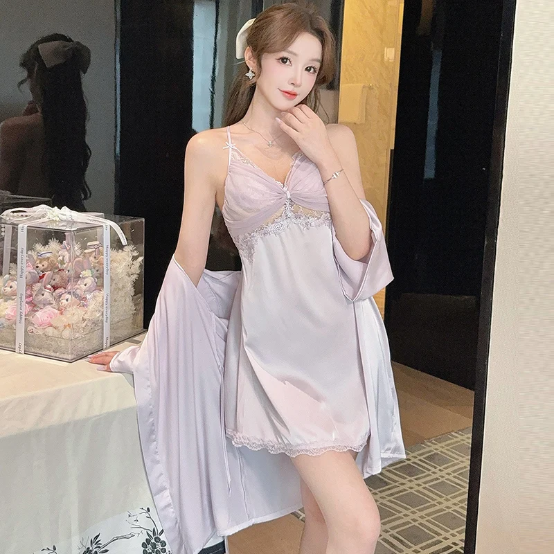

DAIMELU light luxury beauty nightgown back cross backless slim nightdress set women loungewear lace sleepwear lady sleepwear