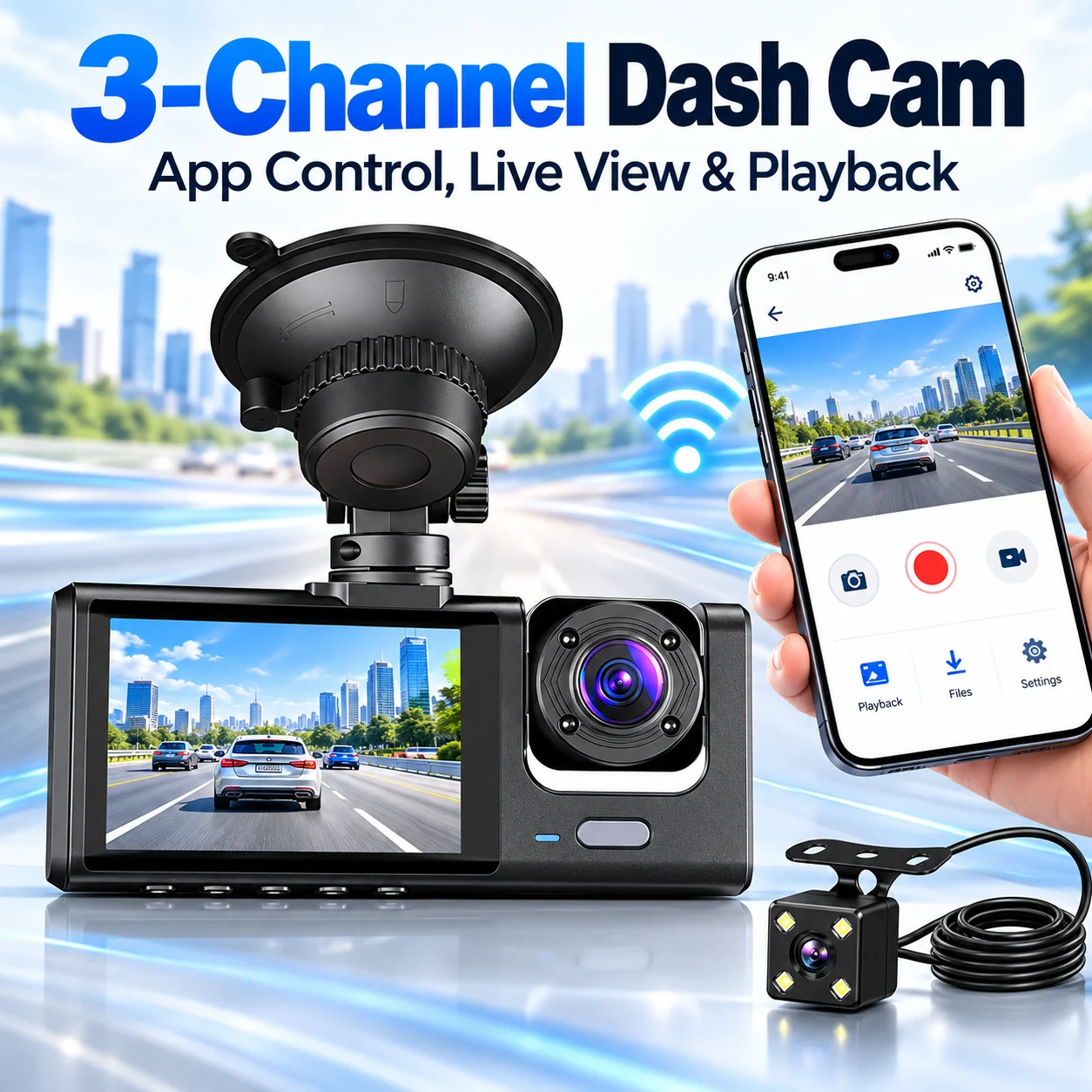 3 Channel Dash Cam Front Rear Inside, 1080P Triple Lens Car Camera, APP Live View Playback, Loop Recording, G-Sensor, 2