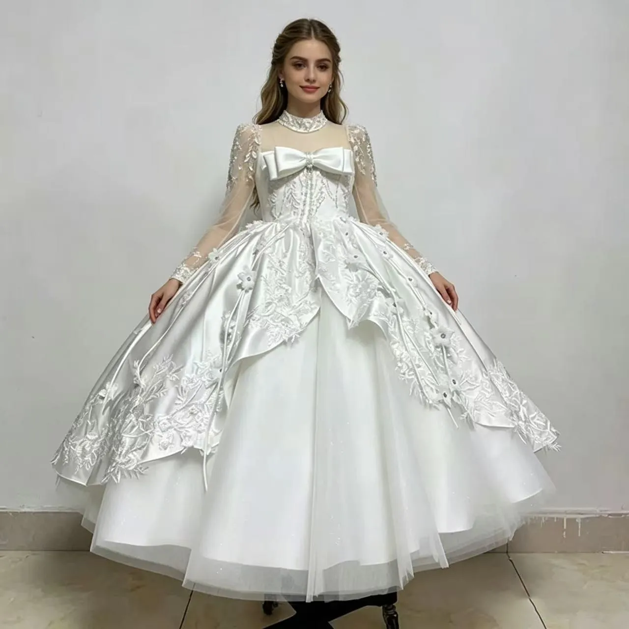 White Dress for 3-12Y Girls Elegant Princess Gown Kids Birthday Party Performance Outfit 100-160cm