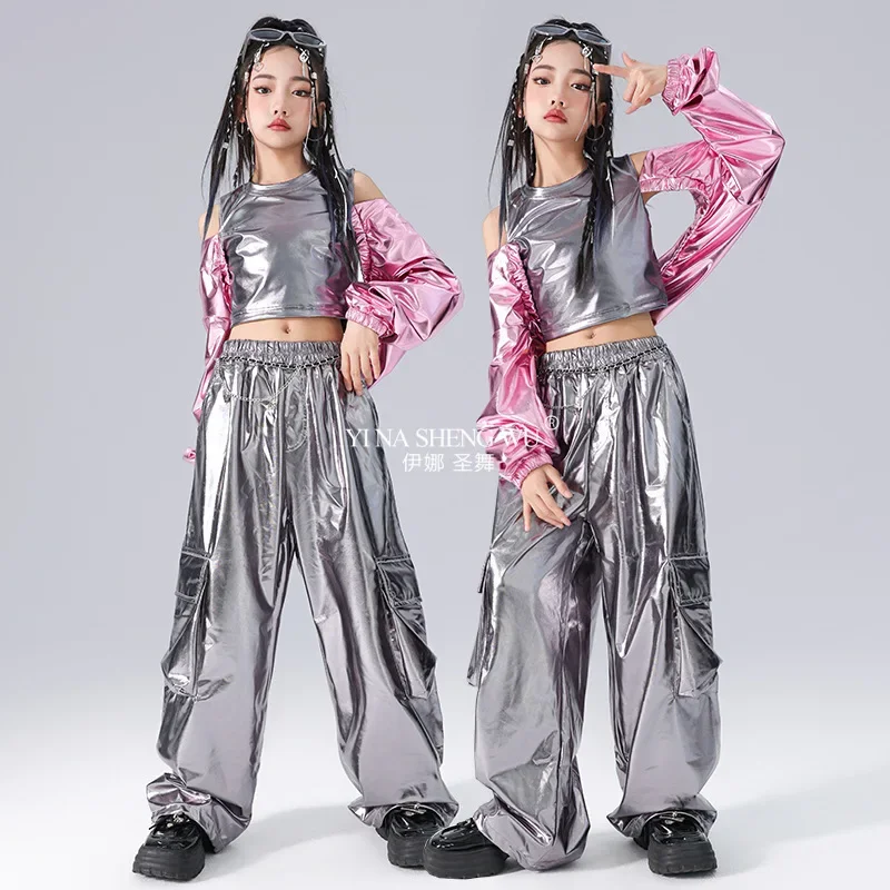 Kids Jazzdans Kostuum Meisjes Hip Hop Outfit Top Zilveren Broek Kinderen Street Dance Wear Prestaties Kleding Kpop Show