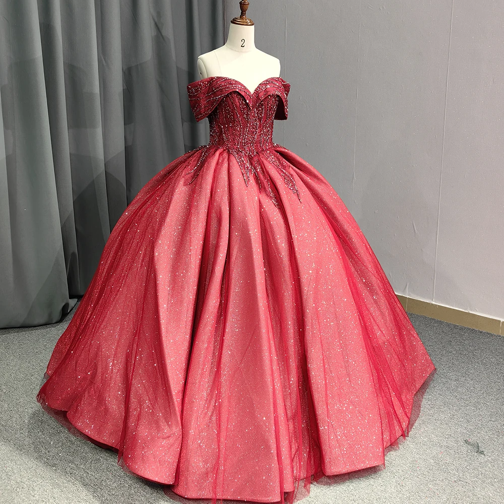 Red Queen Style Off The Shoulder Sparkle Ball Gown Wedding Dress Beadings Glitter Tulle Evening Dress 9830-2