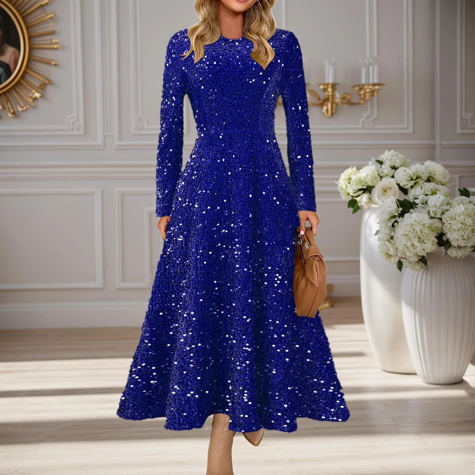 2024 Vintage Fashion Sequin Women Slim Fit Dresses Long Sleeve O-Neck High Waist Elegant Glitter Banquet Party Evening Dresses