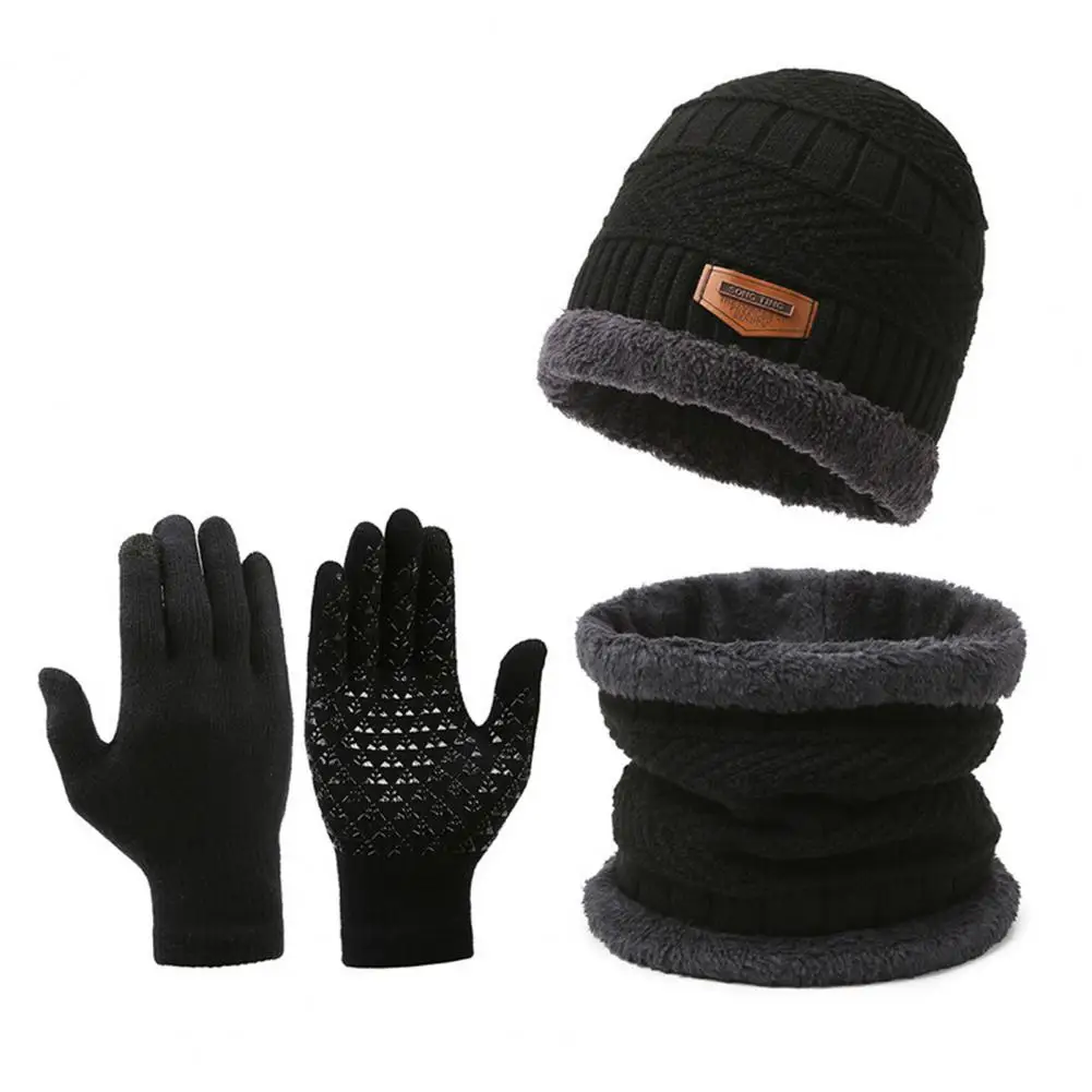 Thermo Fleece gefüttert Hut Schal Handschuh Set Herren Winter mütze Schal Handschuhe Set dick gestrickt warm elastisch Gehörschutz wind dicht