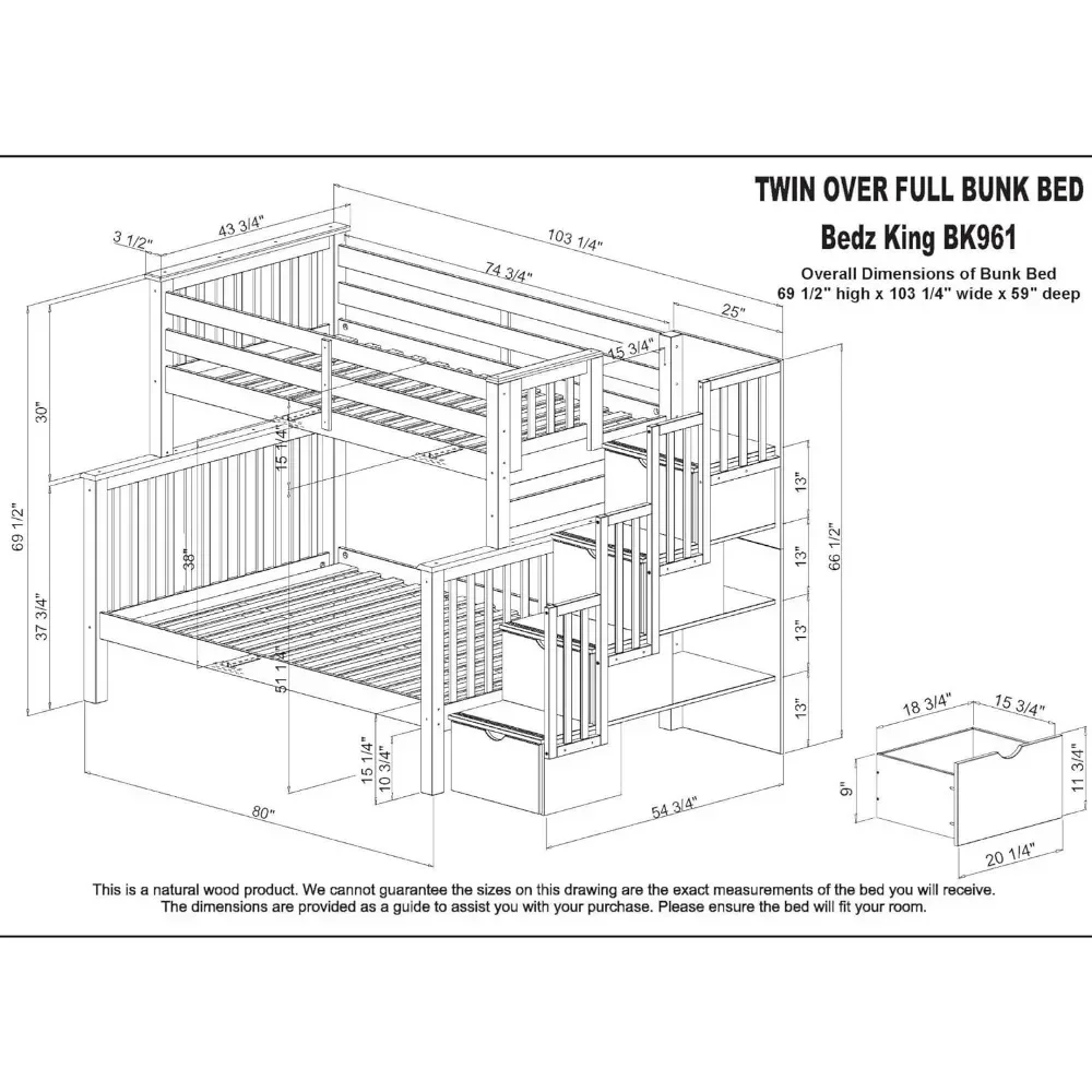 Bunk Bed, King Stairway Bunk Beds Twin Over Full with 4 Drawers in The Steps and A Twin Trundle, Wood Bunk Bed Frame