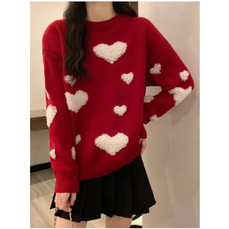Red Heart Sweater for Women Autumn Winter Loose Slimming Soft Knitted Base Shirt Top New Year's Fashion Casual Wear Sweet Chic