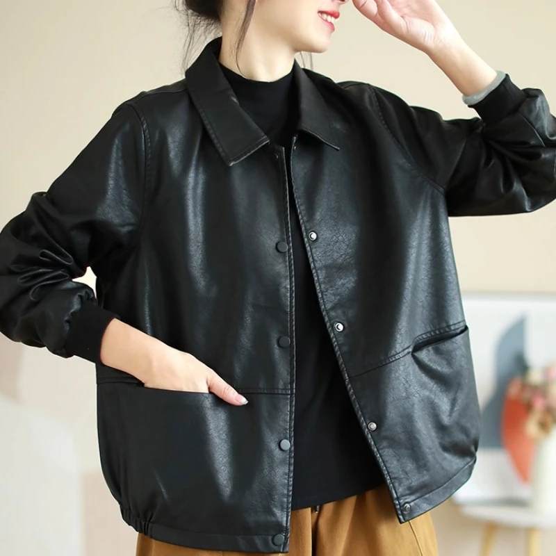 Jaet – manteau de Baseball en cuir PU pour femme, grande taille, décontracté, revers, coréen, Patchwork, moto, automne hiver