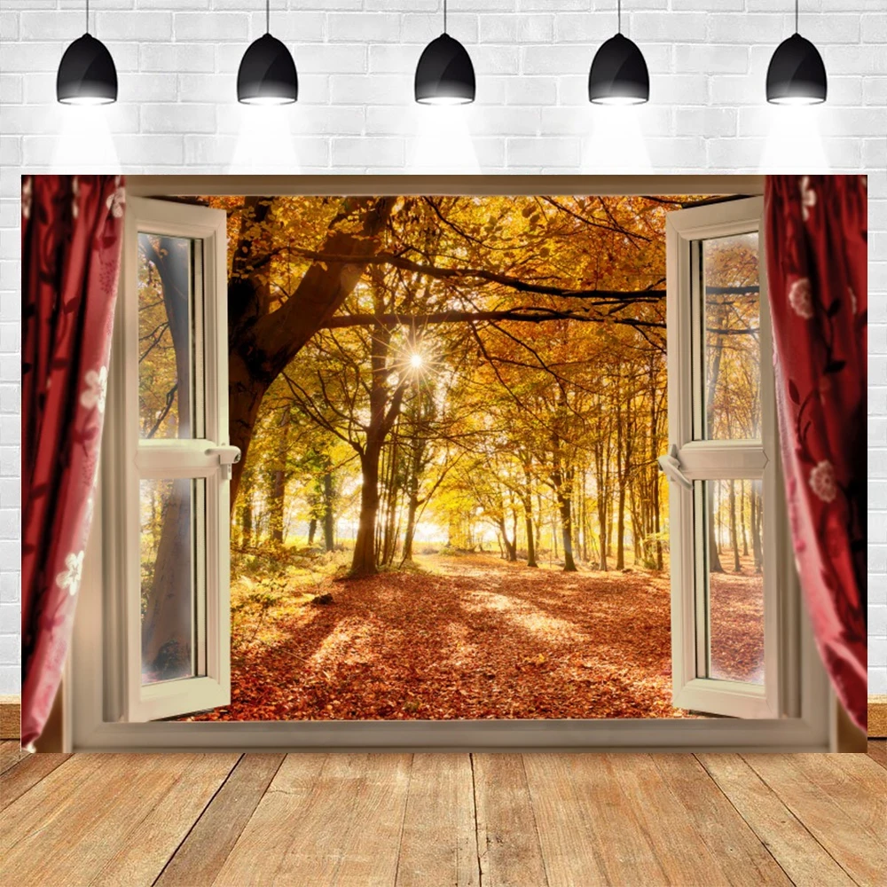 Autumn Scenery Photography Backdrop Fall Forest Yellow Maple Trees Leaves Thanksgiving Party Background Banner Photocall Studio