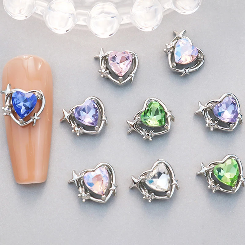 10PCS Love Heart Nail Art Charms Luxury Diamond Crystal Glitter Hallow Heart Rhinestones Alloy Nail Gems Manicure Decor Salon